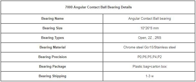 Chrome Steel Gcr15 Material Angle Contact Ball Bearing 7000 Ukuran 10 * 26 * 8mm
