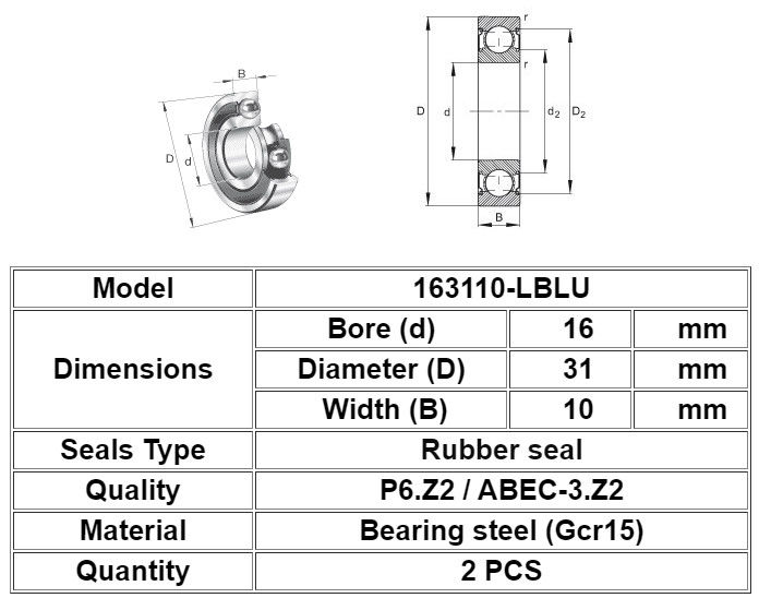 163110-2RS Bantalan Deep Groove Ball Sepeda Ukuran 16mm X 31mm X 10mm